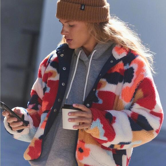 $198 FREE PEOPLE Movement Hit The Slopes Printed Fleece Jacket Sunset .Size XS - Picture 2 of 11